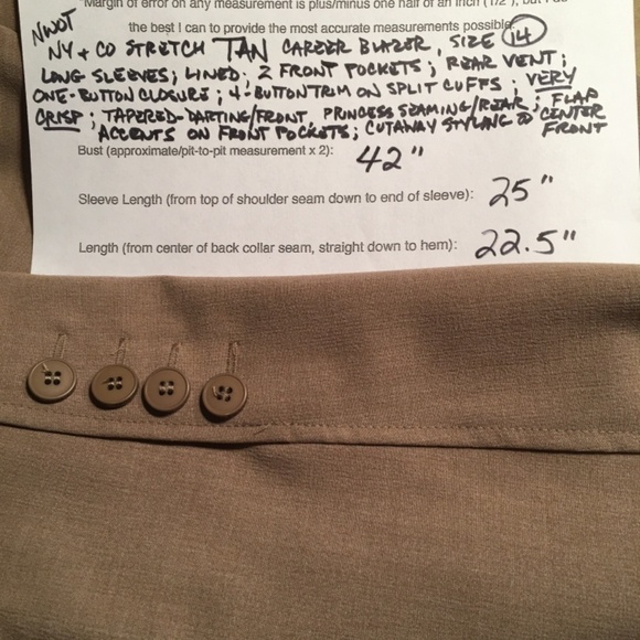 𝅺new YORK & COMPANY STRETCH Career Blazer Jacket, TAN, NWOT, Size 14 - Picture 9 of 9